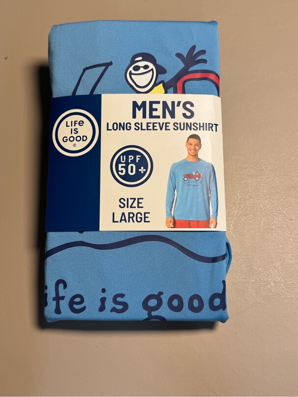 Life Is Good Men's Long Sleeve Sunshirt - Light Blue with Navy Graphic
